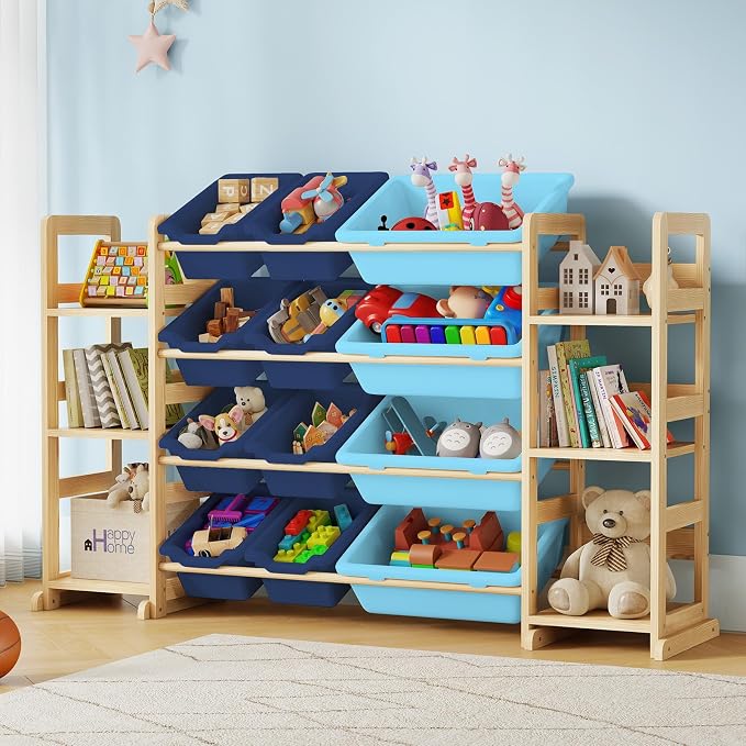 EXPERLAM Extra Large Toy Storage - Toy Storage Organizer, Wooden Toy Organizer with 6 Side Shelves and 12 Bins, 3-in-1 Bookshelf for Kids Rooms, Playroom, Nursery, Blue by EXPERLAM