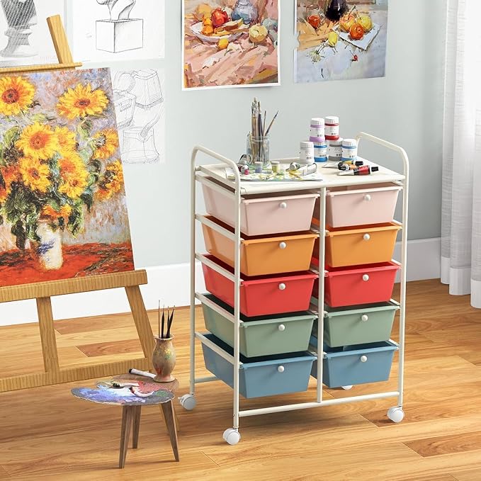 10 Drawer Rolling Cart, Storage Cart Organizer on Wheels, Drawer Cart with Metal Frame & Large Storage Capacity, Rolling Cart with Drawers for Living Room Classroom, Office - Image 7