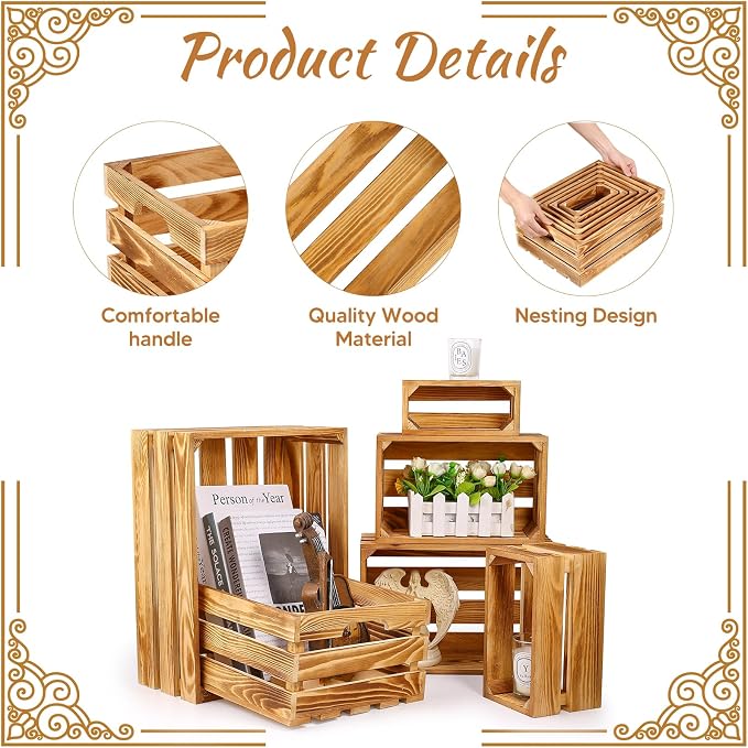 BOBOKA Set of 6 Decorative Wood Crates Nesting Storage Container, 6 Size Farmhouse Decorative Wooden Storage Boxes, Rustic Wooden Crates for Storage, Display, Christmas Decorations - Image 3