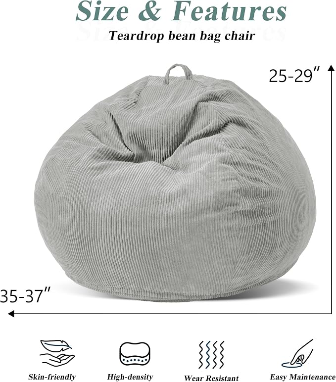 3FT Bean Bag Chair for Adults,3' Big Teardrop Beanbag with Filler | Beanbag Chair with Memory Foam Filled,Bean Bags with Handy Handle&Machine Washable Cover for Living Room,Bedroom-Light Grey - Image 2