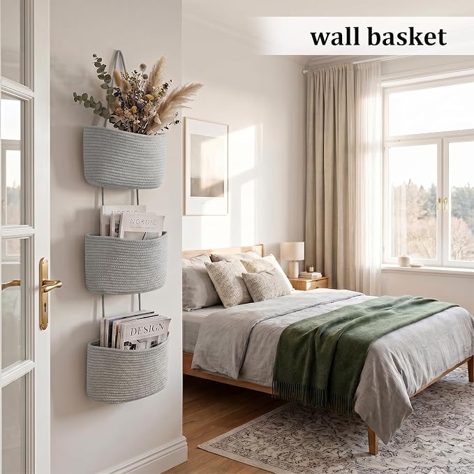 TeoKJ Over the Door Hanging Basket, 3-Tier Woven Cotton Wall-Mounted Storage Organizer Bag Decorative Hanging Nursery Baskets, Gray - Image 3