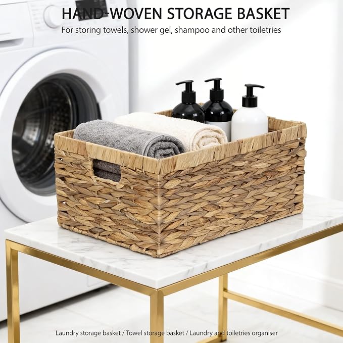 Woven Natural Water hyacinth Rectangular Storage Baskets with inside Handle,Kingwillow(Large) | Rustic decor, with handles, brown‑tan tone, for shelves, bathroom, kitchen, entryway, office files, pet toys - Image 8