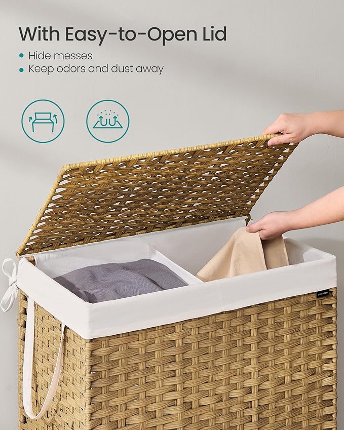 SONGMICS Laundry Hamper with Lid, 42.3 Gallon (160 L) Synthetic Rattan Clothes Laundry Basket with Lid and Handles, Foldable, Removable Liner, Goose Yellow ULCB216Y01 - Image 3