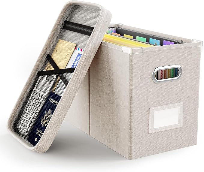 File Organizer Box with Lid, Hanging Filing File Box with Mesh Pocket, Document Organizer Box for Letter Files, Portable Storage Box with Smooth Sliding Rail for Office&Home (1 PCS, Beige) by Oterri
