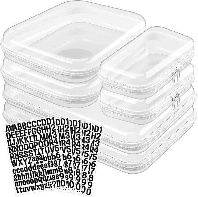 12 Pcs Clear Hard Zipper Case Back to School,3 Sizes | Plastic Zipper Pouch with 5 Sheets Alphabet Stickers Toy Storage Organizer Makeup Case for Travel Building Blocks Puzzles by Qiyaz