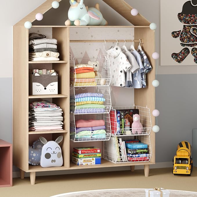 5 Tier Closet Hanging Organizer, Clothes Hanging Shelves with 4 Hanging Hooks 5 S Hooks, Wire Storage Basket Bins, for Clothing Sweaters Shoes Handbags Clutches Accessories Patent Design-White - Image 5