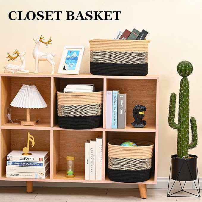 Cotton Rope Storage Baskets for Organizing 3Pack 15"x10"x9" Woven Baskets for Storage,Shelf Baskets Cube Storage Bins Towel Baskets,Toys Baskets Nursery Basket Laundry Baskets(Black/Brown) - Image 4