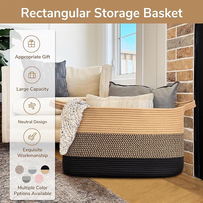 Goodpick Large Woven Blanket Basket, Rectangle, Black Jute, 75L | 21.6'' x 14.9'' x 11.8'' Wicker Storage Basket for Blankets & Toys, Living Room & Bedroom Organization, Reinforced Handles - Image 7