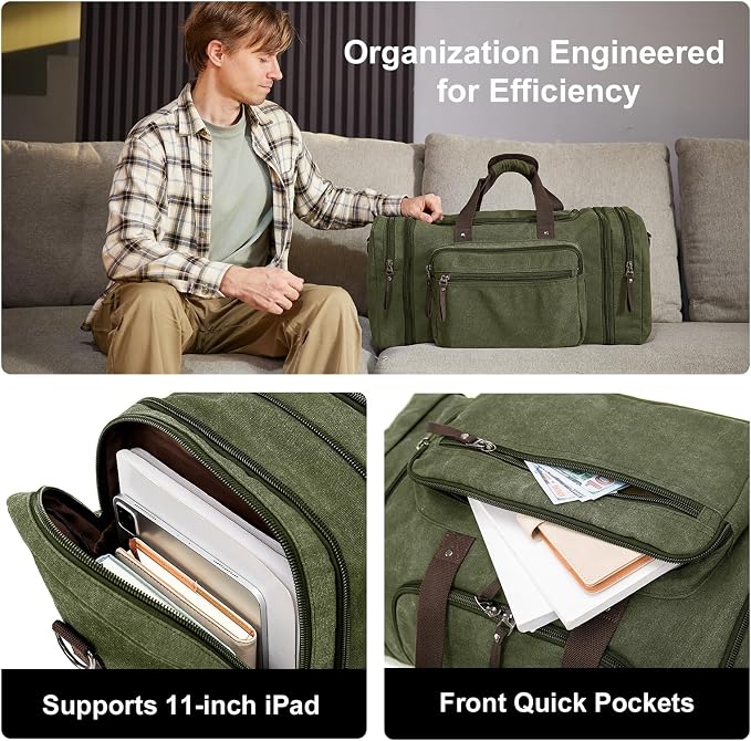 EKOROMIER Large Canvas Duffle Bag for Travel, Expandable 70L Weekender bags | Features Luggage Trolley Sleeve, Multi-Pockets for Traveling, Durable Overnight Carry-On Bag for Men & Women - Olive - Image 5