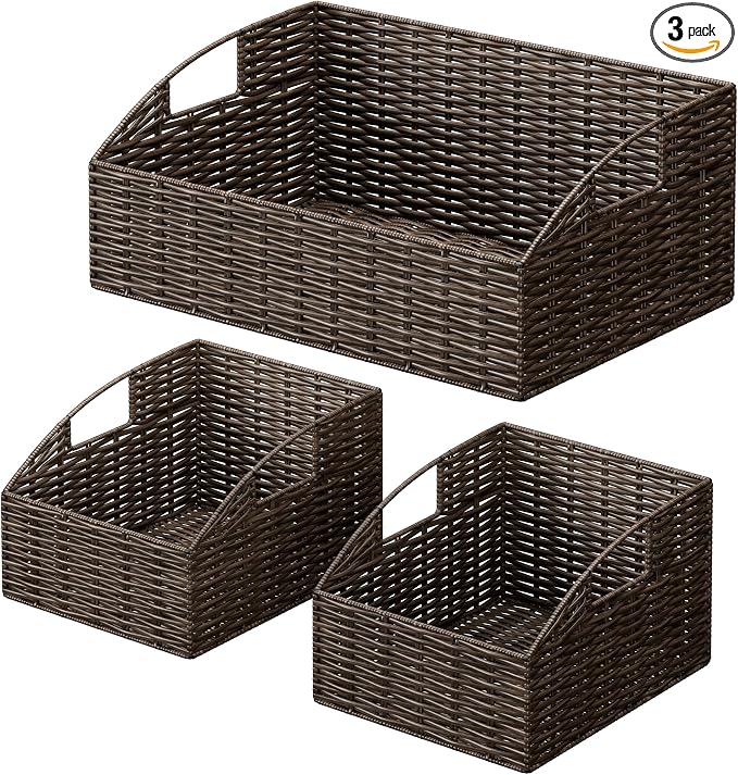 Pantry Baskets for Organizing, Wicker Basket Shelf Storage | Handwoven Pantry Organizers and Storage with Built-in Handles, Laundryroom Organization Storage Bins for Snack Cans by Ollieroo
