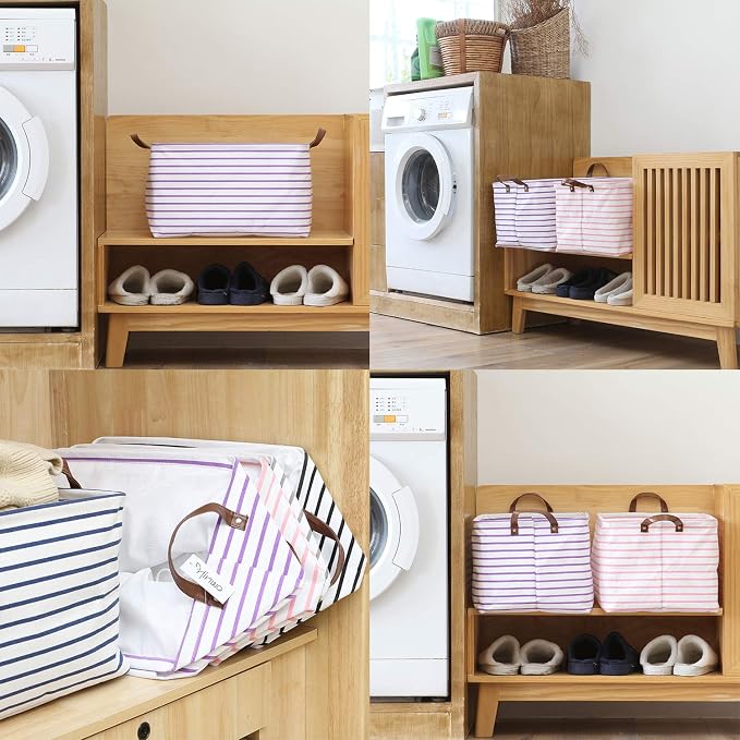 Hinwo 31L Large Canvas Storage Bin with Lid and Handles | Collapsible Fabric Basket, Closet Shelf Organizer, Container for Clothing, Blankets, Toys, Bedding (Purple Stripe) - Image 3