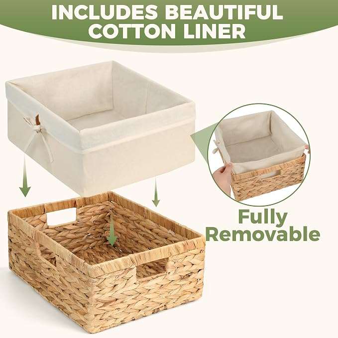 Wicker Shelf Storage Baskets for Organizing - Natural Water Hyacinth Woven Basket Organizers & Storage for Shelves w/Handles & Cotton Liner for Home & Pantry Decor Organization, Large 15” x 12” x 6” - Image 5