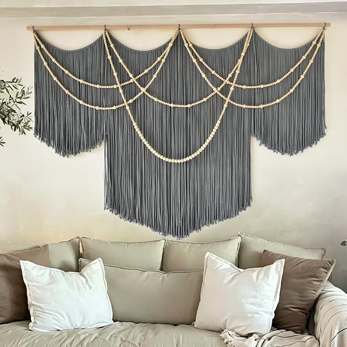 Large Macrame Wall Hanging Grey Boho Wall Art Beaded Decor 57"W*39"L | for Bedroom, Handwoven Cotton Art, Beaded Fiber Design, Textured Wall Accent, Sofa Backdrop Decor, Modern Home Decoration - Image 2