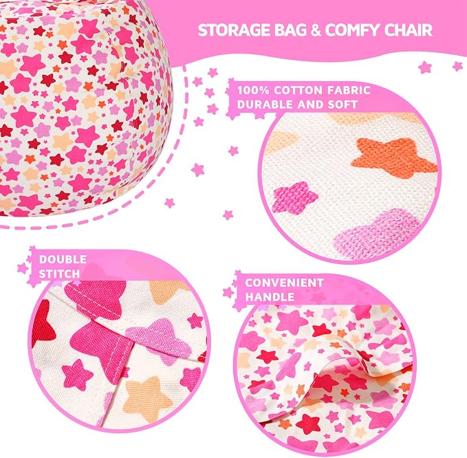 WEKAPO Stuffed Animal Storage Bean Bag Chair Cover for Kids | Stuffable Zipper Beanbag for Organizing Children Plush Toys Large Premium Cotton Canvas (Small Star, X-Large) - Image 4