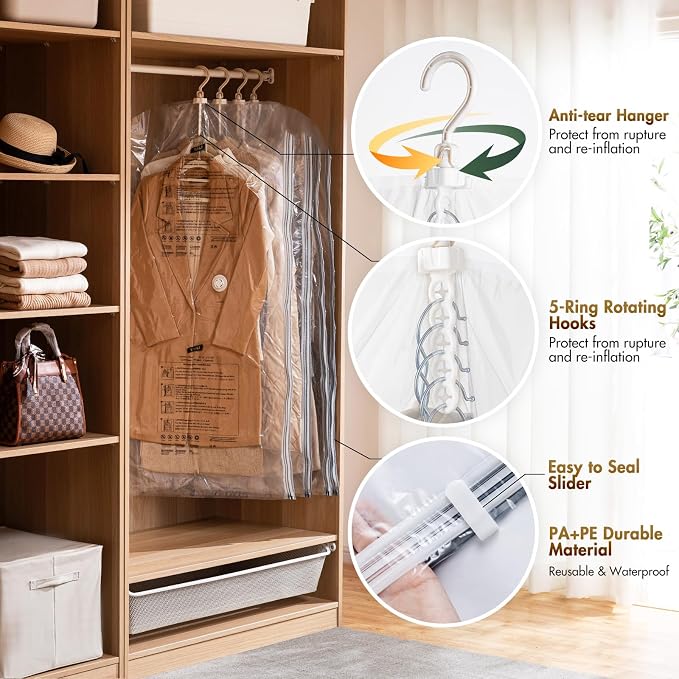 TAILI Hanging Vacuum Storage Bags for Clothes Space Saver 6 Combo Clear | Vacuum Seal Bags for Clothing Travel, Winter Clothes Storage Closet Organizers, Garment, Coats, Suits and Jackets - Image 5