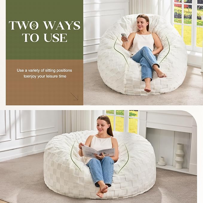 Hobestluk Adults Bean Bag Chair 5FT Big BeanBag Chair Giant Large Oversized | Memory Foam,Washable Cover,Unique Fluffy Plaid,Comfy Big BeanBag with Filler Lounging Reading Bedroom Living Room | White 5FT - Image 3