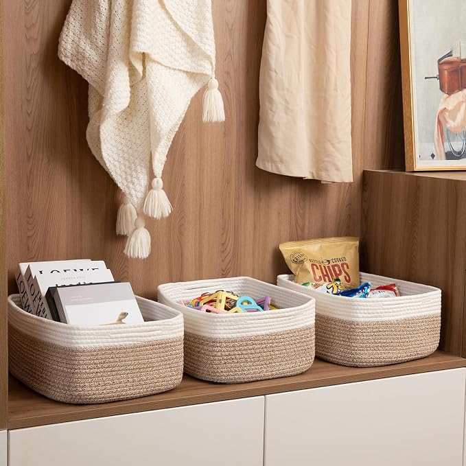 OIASKET Storage Baskets for Organizing 3 Pack, Woven Baskets for Shelves, | Closet Organizer Bins with Handle, Empty Gift Basket, Toy Storage for Toys, Blankets, Towels, Clothes, Books, 15"x11.42"x6.7" - Image 5