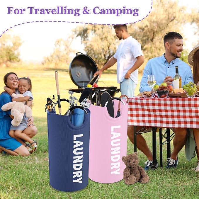 2Pcs Folding Laundry Basket for Adult, 95L Portable Laundry Baskets with Aluminum Handles, Multi-functional Dirty Clothes Hampers for Bedroom, Travel, Navy Blue + Pink - Image 8