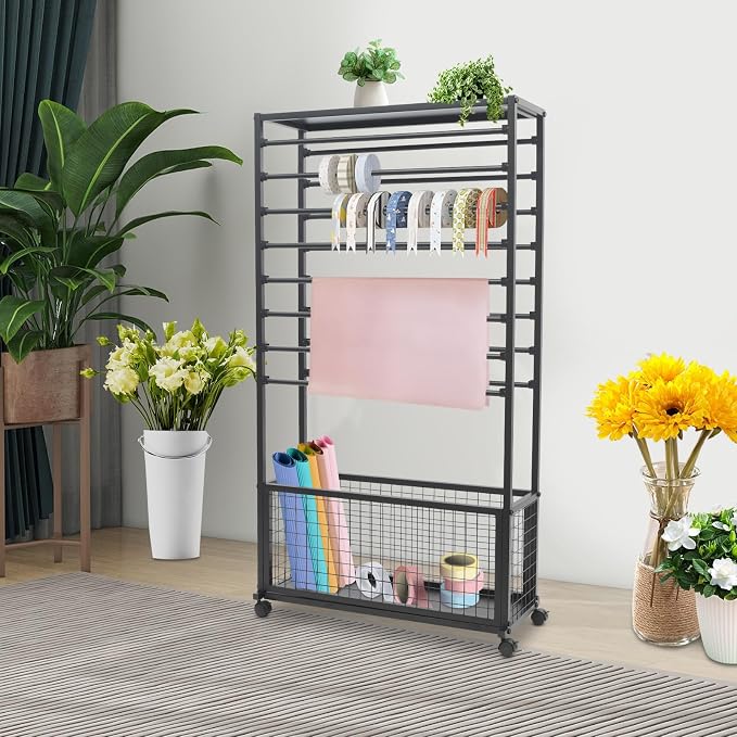 Ribbon Holder Organizer Rack, Double-Sided 16-Layer Ribbon Shelf with Wheel | Ribbon Display Rack, Multifunctional Metal Flower Wrapping Paper Storage Stand for Craft Room Flower Shop, Widen, Black - Image 3