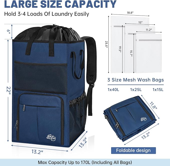 Large Laundry Backpack Bag with 3 Sizes Mesh Wash Bags Total 170L | 2 in 1 Laundry Hamper Basket with Shoulder Straps, Freestanding Laundry Bag for College Dorm, Laundromat, Apartment - Image 2