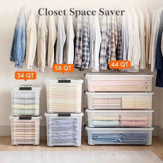Lifewit 58Qt Storage Bins with Lids, Plastic Large Latches Boxes with Wheels, Clear Totes Tubs Container for Closet Organizers and Storage, Bedroom, Clothes, Craft, 4 Pcs - Image 9