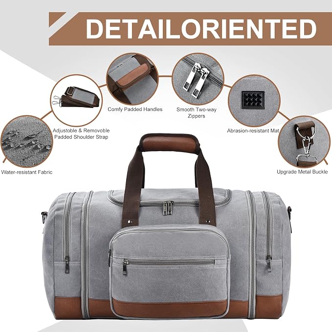 Litvyak 50L Canvas Duffle Bag for Travel Weekender Gym Overnight Carry-on | Expandable, Eco Certified, Leather Accents, Toiletry Bag Inclued, Travel Weekend Luggage Sports Duffel Bag for Women Men - Image 5