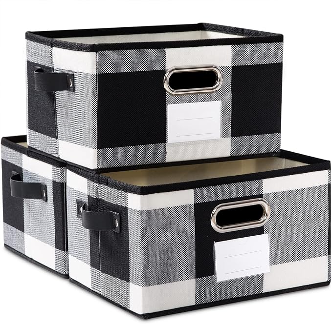 Large Collapsible Storage Baskets for Closet [3-pack] Decorative Fabric Storage Bins Cubes with Leather/Metal Handles for Shelves Bedroom Living Room Black and White Grid (14.9x9.8x8.3 Inch) by Prandom