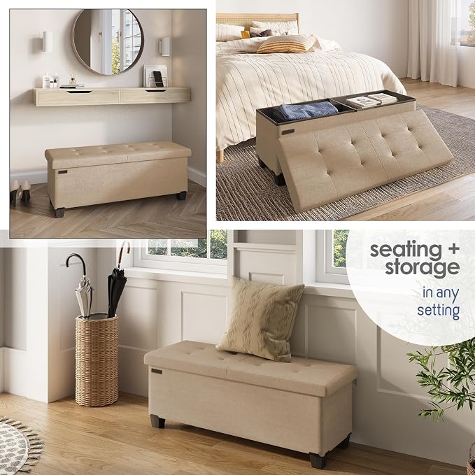 Storage Ottoman Bench with Bins, 43-in Storage Bench for Bedroom End of Bed, Folding Foot Rest Ottoman for Living Room Max 660lbs, Fabric Ottomans, Taupe - Image 4