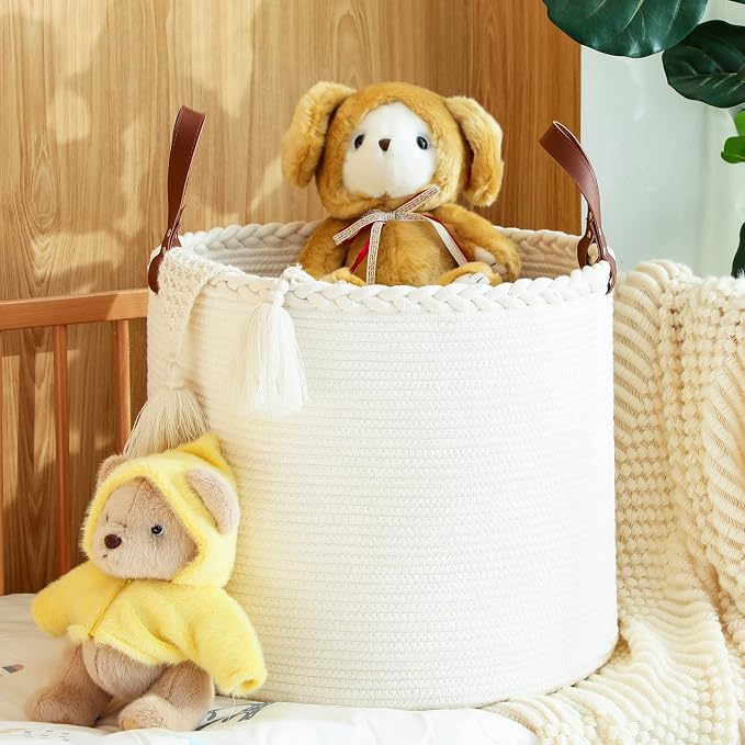 KAKAMAY Large Blanket Basket (18"x16"),Woven Baby Laundry Hamper,Cotton Rope Blanket Basket for Nursery, Laundry, Living Room, Pillows, Baby Toy chest with Leather Handles (White) - Image 2