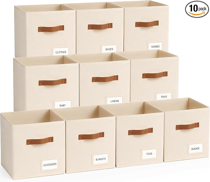 Storage Cubes 10 Pack, 11 Inch Fabric Storage Cubes Organizer Bins with Labels, Odor-Free & Sturdy PP Structure, Cubby Baskets for Closet, Shelves, Toys & Nursery (Beige) by Unknown