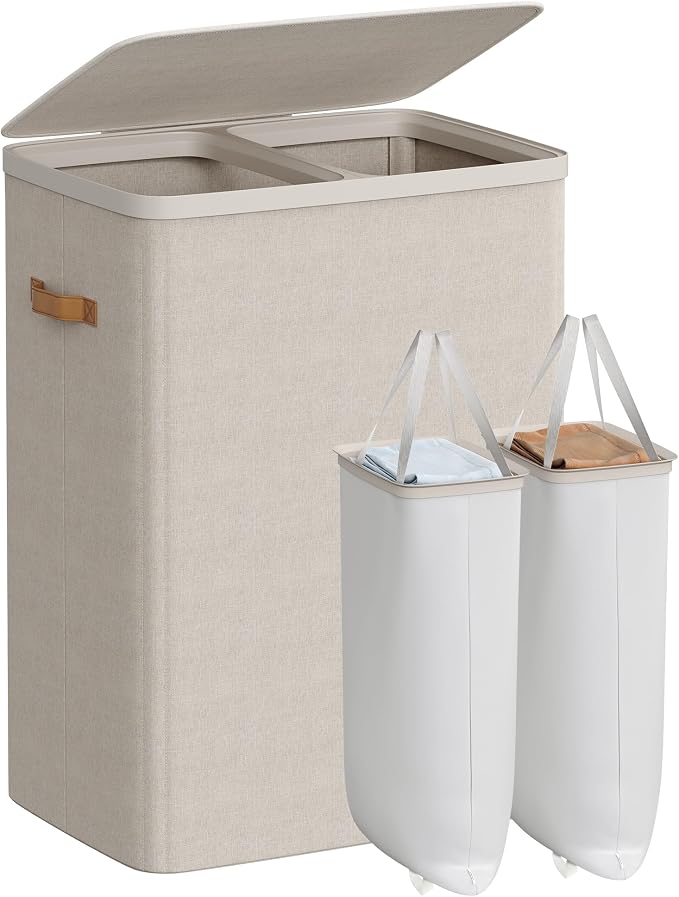 SONGMICS Laundry Basket, 44.9 Gal. Laundry Hamper, 2 Compartments, Easy Assembly, with Lid and Handles, Removable Liners, 22 x 15.7 x 29.5 Inches, Cappuccino Beige ULCB813L01 by Unknown