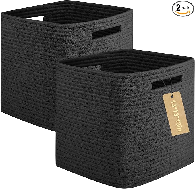 OIAHOMY 2 PACK Cube Storage Bin 13 Inch Collapsible Storage Cube Black | Cube Storage Organizer Storage Bins for Shelves Baskets for Organizing Woven Rope Storage Baskets by MasterofSpaceOptimization