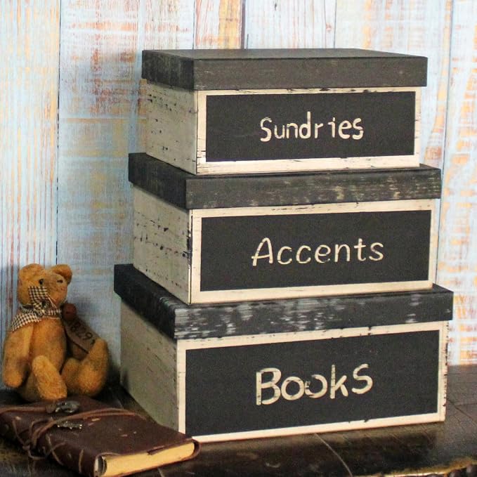 Primitive Vintage Rectangular “Sundries, Accents, Books” Cardboard Nesting Boxes, Large 12 X 9 X 5-1/2 Inch. Set of 3. - Image 4