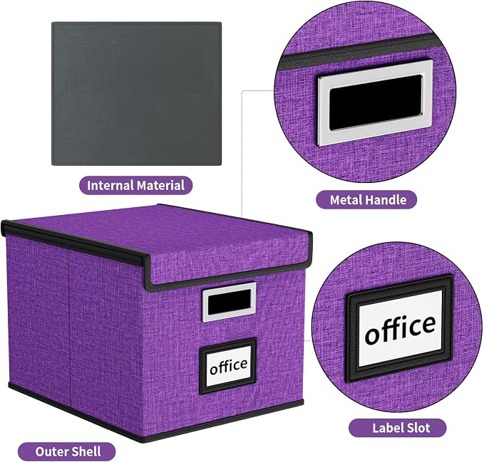 File Organizer Box with Lids, Collapsible File Folder Organizer | File Box with Plastic Slides for Office Document Storage, Filing Bin for Letter Size Hanging File Folders (1 Pack, Purple) - Image 3