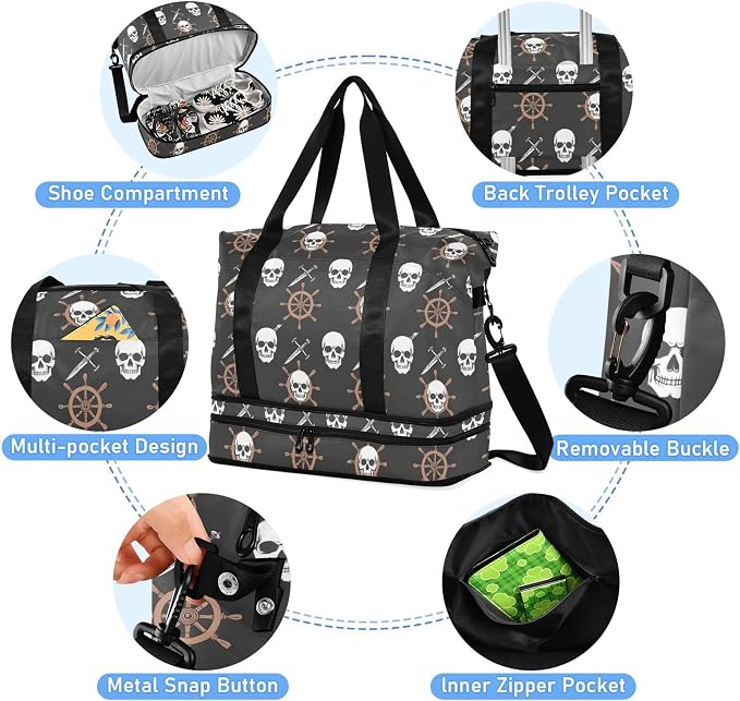 Travel Duffel Tote Bag Gothic Skull Pirate Sports Duffel Bag with Wet Pocket Weekender Overnight Bag for Women Men Gym Bag, Carry On Bag Hospital Bag for Labor and Delivery - Image 2