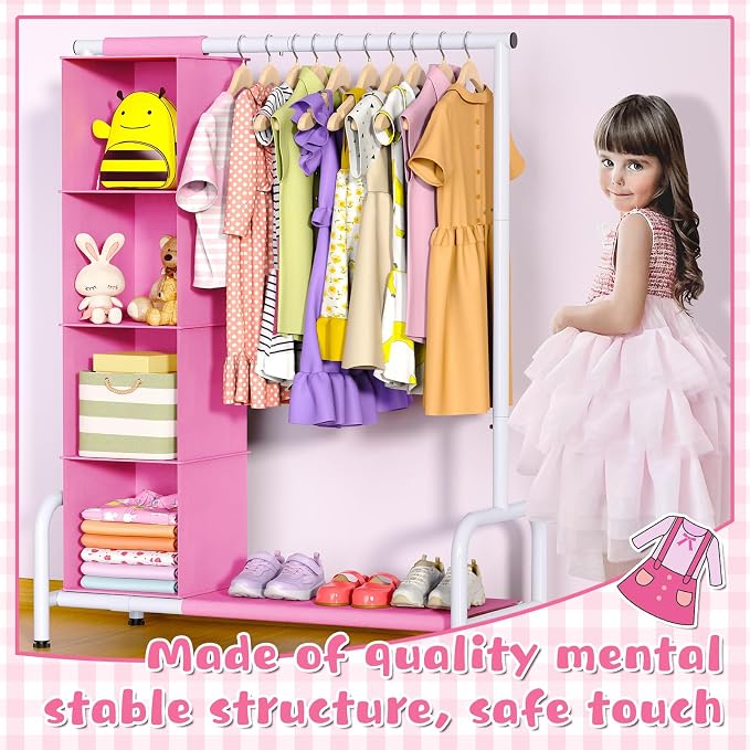 Univivi Kids Clothing Rack with Hanging Organizer, 43 Inch, Pink and White | Toddler Dress Up Storage with Bottom Shelf, Sturdy Metal Baby Closet, Toddler Wardrobe Rack for Nursery, Playroom, Bedroom - Image 6