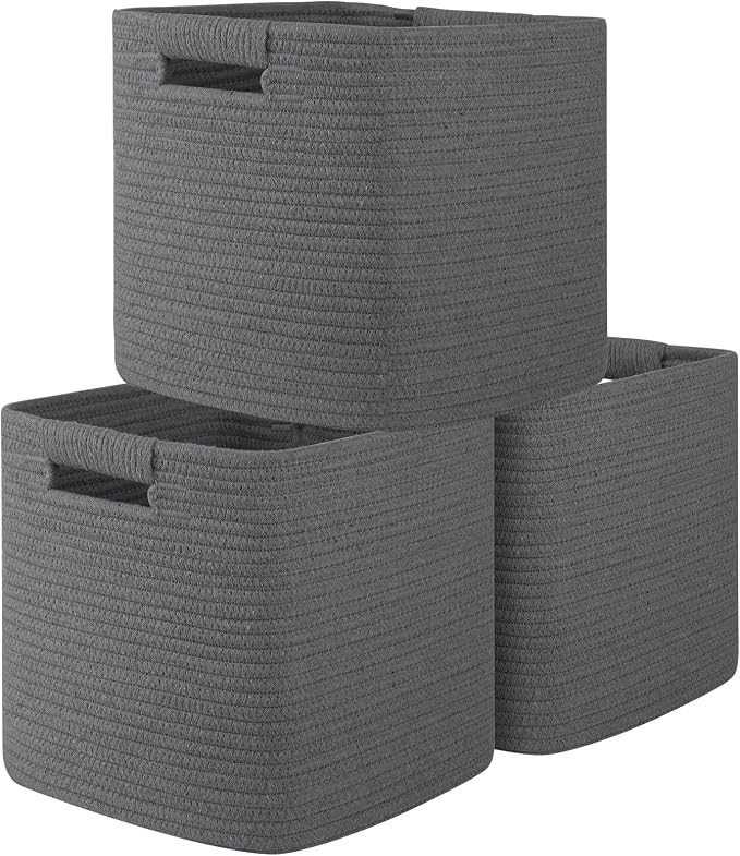 OIAHOMY Storage Cubes 11 Inch Storage Bins-3 Pack, Cotton Rope Woven Baskets for Organizing, Square Baskets for Shelves Organizer, Classroom, Toy Basket, DarK Grey by MasterofSpaceOptimization