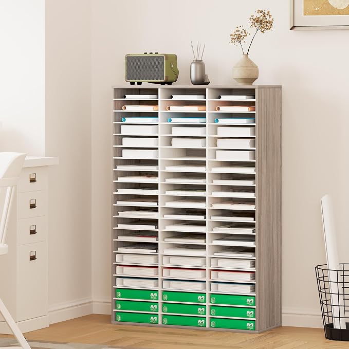 EasyPAG 60 Compartments Wooden Literature Organizer with Adjustable Shelves, 30000 Sheets Capacity Paper Organizer, Classroom Mailbox and Mail Sorter for Teachers and Office, Retro Gray/White - Image 5