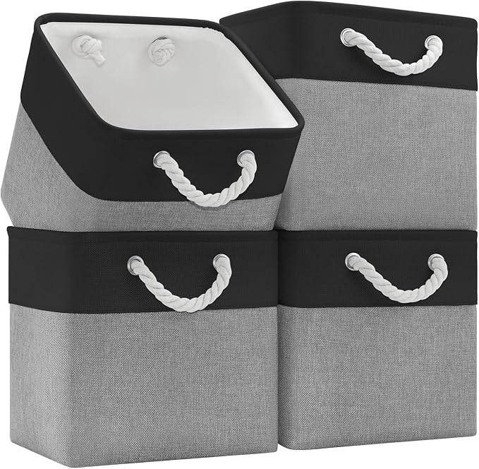 Patvingot 11-Inch Fabric Cube Storage Bins with Handles,4 Pack,Foldable | For cube shelves and closets,keeps grouped for everyday access,reinforced opening and fold-flat storage,dark and gray by Patvingot