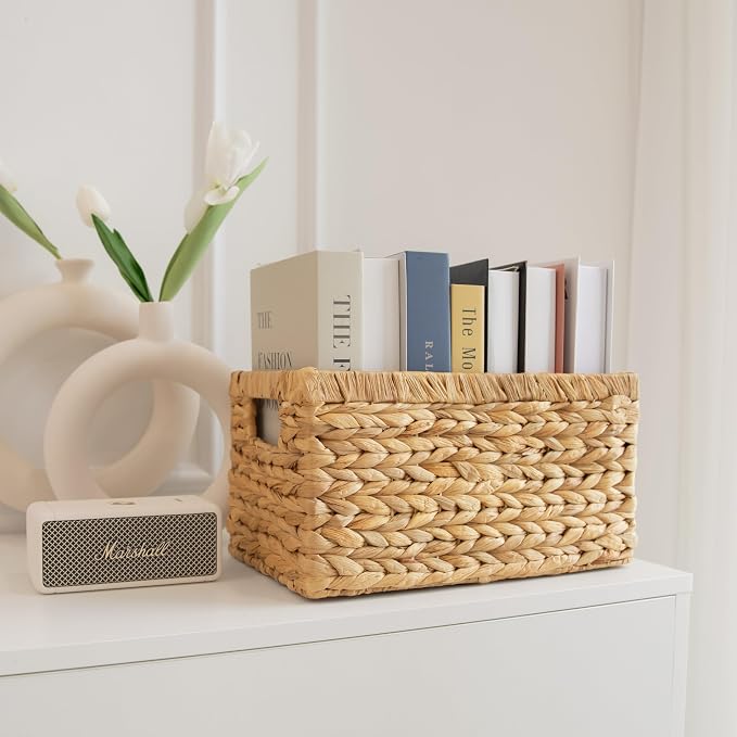 2-Pack Handwoven Water Hyacinth Storage Baskets with Handles, Wicker Bins for Pantry Organization, Shelf or Closet Organizer, Decorative Boho Rectangular Basket 13.5" x 8" - Image 3