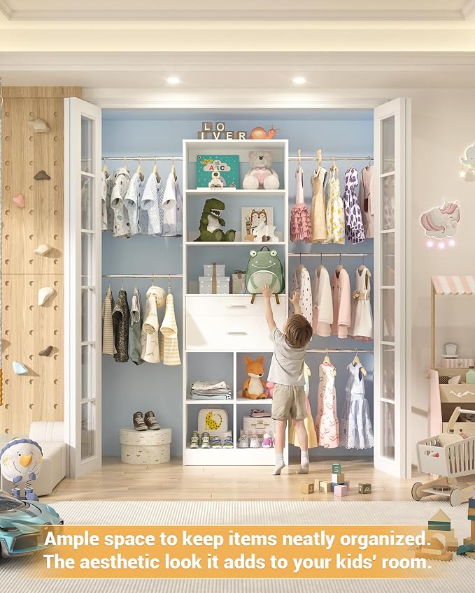 Besiost Small Closet System, 3.2-6.8FT Small Closet Organizer with 2 Wooden Drawers & 5 Hanging Rods, Can Fit 37.5 to 81.9 inch Walk-in Closet System, Built-in, White, Enclosed Storage Volume 2.32 ft³ - Image 4