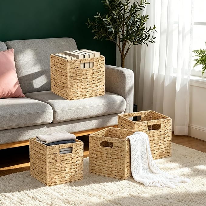 Water Hyacinth Storage Baskets 9in, 4 Pack Wicker Storage Cubes with Handles, Foldable Natural Woven Baskets for Shelves Closet Bathroom, Handmade Organizer Bins - Image 6