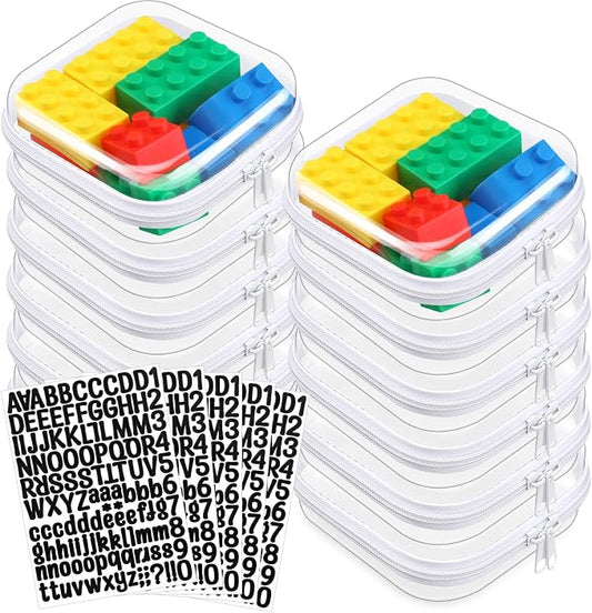 12 Pcs Clear Hard Zipper Case Back to School,5 x 5 x 2” | Plastic Zipper Pouch with 5 Sheets Alphabet Stickers Toy Storage Organizer Makeup Case for Travel Building Blocks Puzzles by Qiyaz