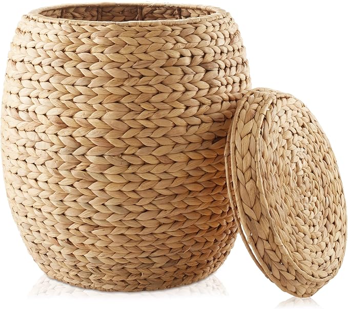 Casafield Round Storage Basket with Lid - Natural, Handwoven Water Hyacinth Organizer for Laundry, Blankets, Plants, Bedroom, Living Room, Home Office by Casafield