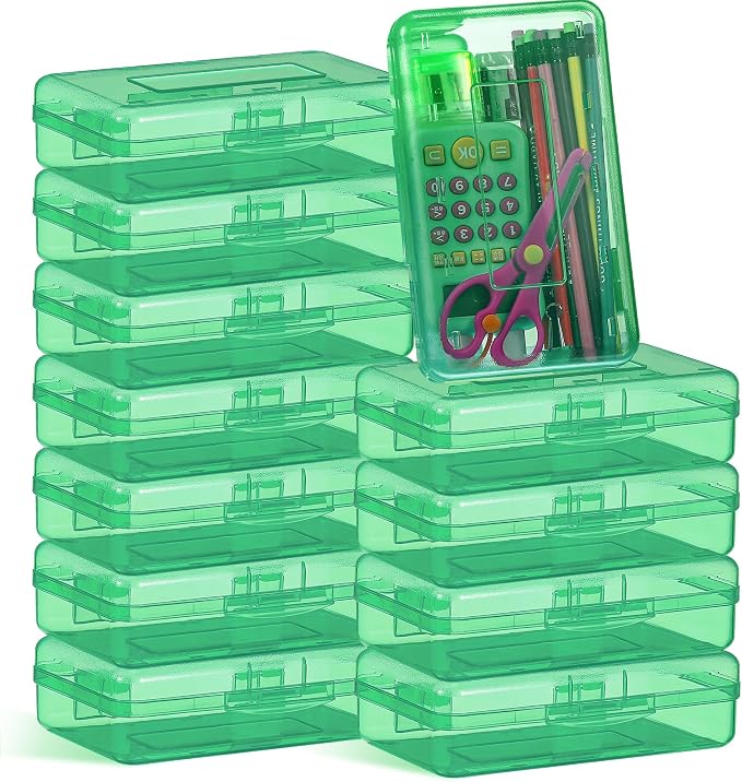 Fainne 24 Pack Clear Plastic Pencil Box,Green | Stackable Organizer for School Supplies, Large Case for Crayons Markers, Snap-lid Keeps Stationery Secure, Bulk Set by Fainne