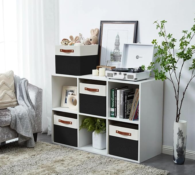 DECOMOMO Cube Storage Bins | Fabric Storage Cubes Closet Organizer Cubby Bins for Shelves Cloth Nursery Decorative Storage Cubes with Handles (Black &White, 11 x 11 x 11 inch) | 11 inch Cube Storage Organizer for Kallax and Cubbies (Black & White) - Image 2