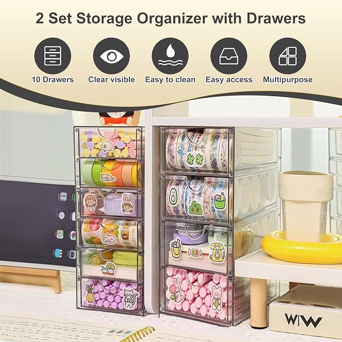 Acrylic Drawer Organizer with 10 Drawers, 2 Set Craft Organizers and Storage, Clear Storage Drawers, Desk Drawer Organizer for Vanity, Office Supplies, Jewelry, Pen - Image 7