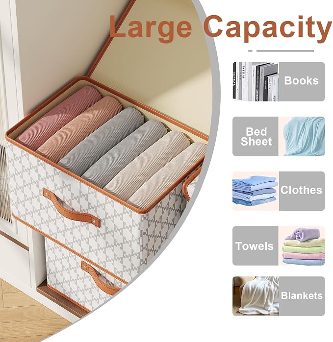 Tuza 4 Pack Fabric Storage Bins with Lids, Collapsible Closet Organizer Container, Decorative Storage Boxes with Lids for Organizing Clothes, Blanket, Grey & White, Medium - Image 3