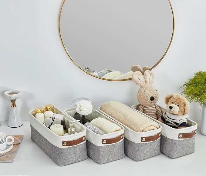 DECOMOMO Narrow Storage Bins, Small Storage Baskets for Shelves 4 Pack | Baskets for Organizing Bathroom, Toilet Tank, Gifts (Grey and White) - Image 4