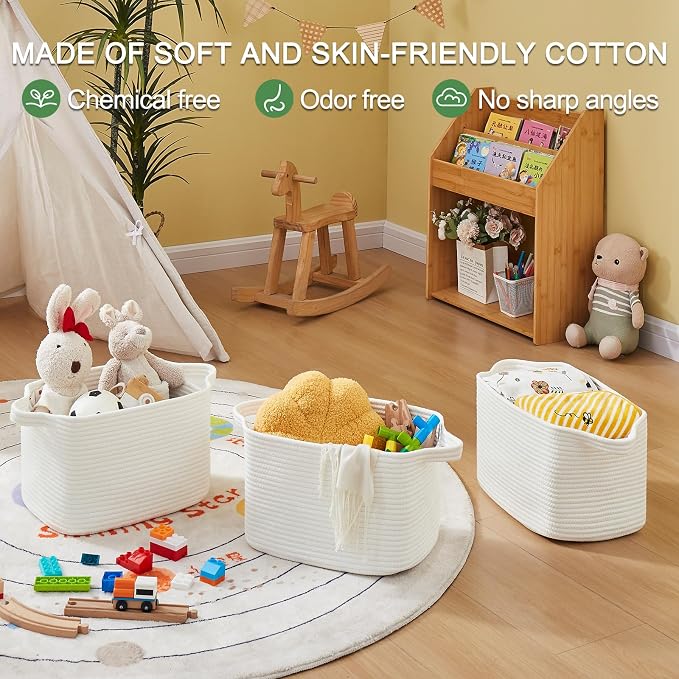 OIASKET Storage Baskets for Organizing, Woven Baskets for Shelves, Rectangle Decorative Organizer for Storage Clothes, Toy, Books, Towels Nursery Bins 3 Pack (White, 13"x9.85"x8.7") - Image 4